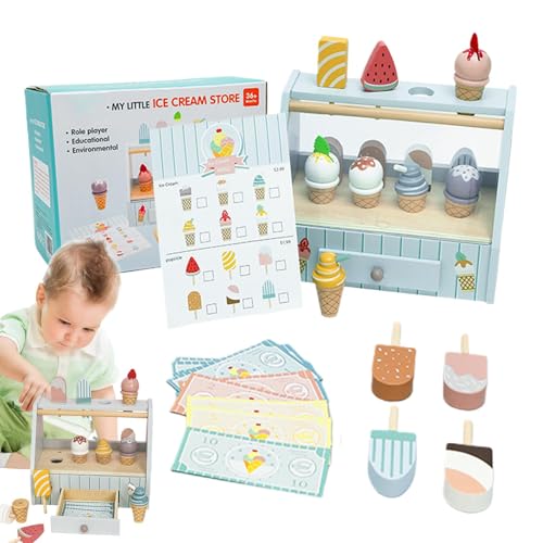 Ice Cream Play Set, Kitchen Ice Cream Toys, Toy Ice Cream Cones, Role Play Ice Cream Shop, Ice Cream Shop Playset, Wooden Kitchen Toys with Display Counter & Fake Money for 3+ Year Old Girls Boys von Bmdjdq