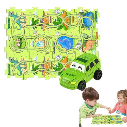 Puzzle-Racer-Autobahn-Set, Puzzle-Bahnen mit Fahrzeugen | Puzzle Rail Car Toys Rennstrecke,Auto-Spielset Feinmotorikspielzeug, Bauspielzeug Dinosaurier-Thema, Lernspielzeug Puzzle-Strecke für Kinder a von Bmdjdq