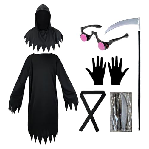 Sensenmann-Kostüm, Sensenmann-Cosplay,Deluxe Kapuzenmantel Halloween Cosplay Kostüm Robe Umhang Umhang | Umhang mit Kapuze, Sensenmann-Kostüm für Herren, Umhang mit Kapuze und leuchtend roten Augen von Bmdjdq