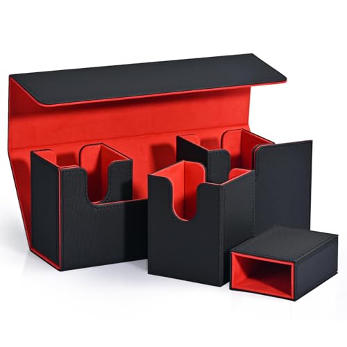 Bntaomle Kartenaufbewahrungsbox mit WüRfelfach, 4-In-1-Kartendeck-HüLle für Mehr Als 300 Karten, Magnetischer Karten-Organizer Schwarz + Rot von Bntaomle