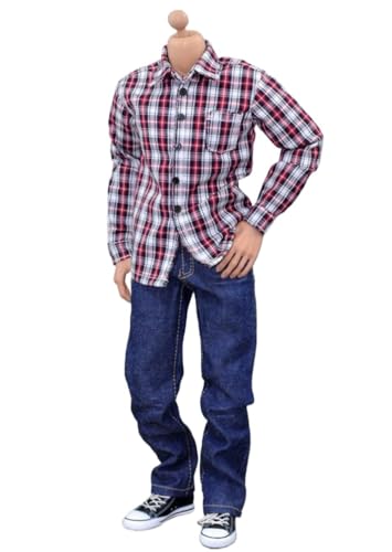 BoBoBn Puppenkleidung for männliche Figuren im Maßstab 1/6, handgefertigter Ganzanzug, rot-weiß Kariertes Jeans-Set for 12" männliche Actionfigur von BoBoBn