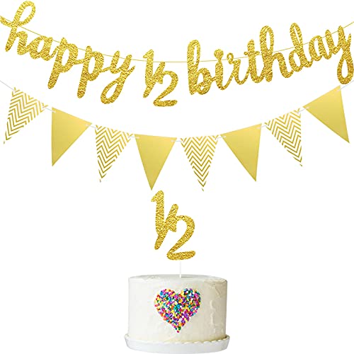 6 Monate Happy Birthday Banner Happy 1/2 Birthday Banner Funkeln 1/2 Halbes Jahr Kuchen Topper Dreieck Flagge Banner für Baby Shower Geburtstag Party Dekoration, Vorgespannt (Gold) von Boao