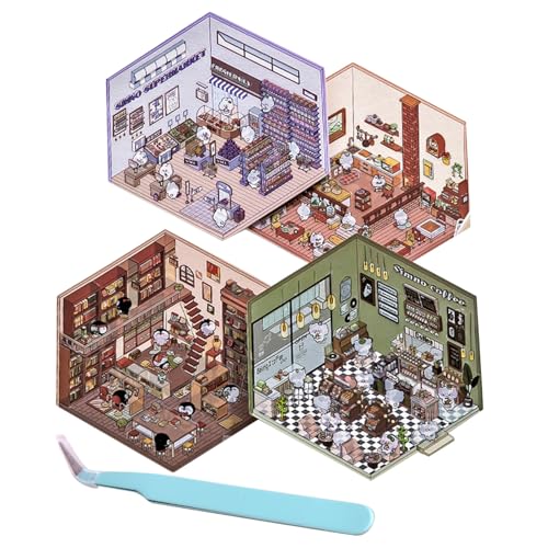 Boatwo Outlet Aufkleber Korean 4 Sets DIY 3D Haus mit Pinzette Landschaftsbau Relief Stress Wintergarten Bibliothek Katze Café Bäckerei Telefon Laptop A von Boatwo