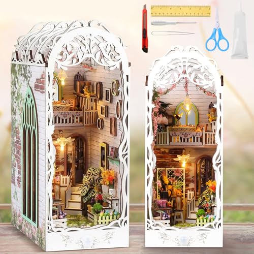 Bocguy Book Nook Kit, DIY Gartenhaus Miniatur mit Möbeln und LED-Licht, DIY Puppenhaus Holz Haus, Gewächshaus 3D Holzpuzzle Booknooks, Diorama Modelbau für Erwachsene, Bücherregal Deko von Bocguy