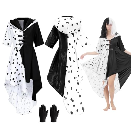 Bocguy Karneval Kostüm Cruella Devile Kostüm Damen mit Handschuhen, Cosplay Schwarzer und Weißer Dalmatiner Fleck Kleid Karneval Halloween Party Verkleidung für Erwachsene und Kinder (Erwachsener, L) von Bocguy