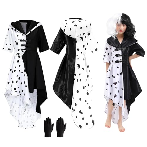 Bocguy Karneval Kostüm Cruella Devile Kostüm Damen mit Handschuhen, Cosplay Schwarzer und Weißer Dalmatiner Fleck Kleid Karneval Halloween Party Verkleidung für Erwachsene und Kinder (Kind, L) von Bocguy