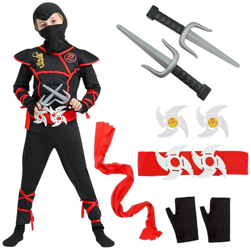 Bocguy Halloween Ninja Kostüm Kinder, Ninja Muskel Kostüm Rot Schwarz mit Wurfstern, Ninja Kostüm Anzug Kinder für Halloween Karneval Cosplay (L) von Bocguy