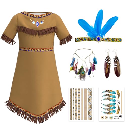 Bocguy Indianer Kostüm Kinder Mädchen Faschingskostüme mit Indianer Kopfschmuck, Karneval Kostüm Kinder mit Accessoires Karneval,140 von Bocguy