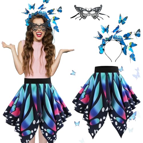 Bocguy Schmetterling Kostüm Damen 3Stück, Schmetterling Kostüm, Spitzenmaske, 3D Schmetterling Haarreif, für Karneval Kostüm Damen,Karneval Mottoparty Party Cosplay (XL) von Bocguy