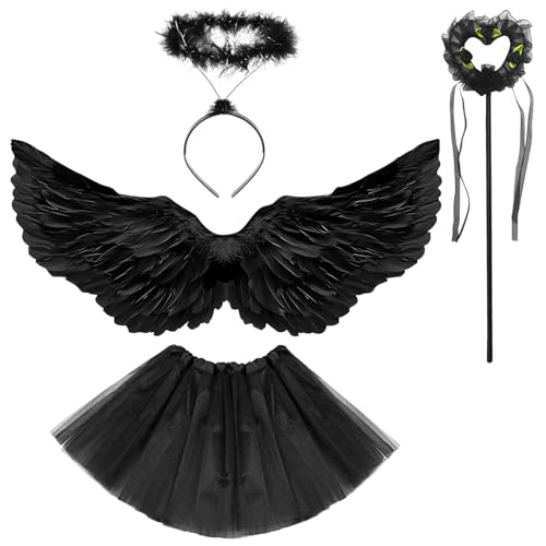 Engel Kostüm Kinder, 4 Stück Engelsflügel Schwarz, Engel Kostüm Damen, Engel Flügel Kinder, Faschingskostüme Damen mit Heiligenschein&Zauberstab&Tüllrock für Karneval Halloween Fasching Cosplay(65cm) von Bocguy