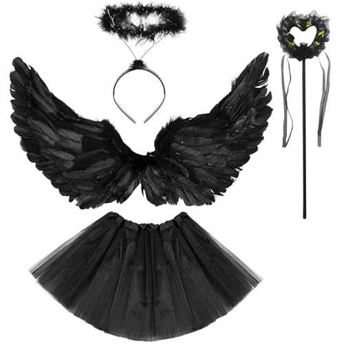 Engel Kostüm Kinder, 4 Stück Engelsflügel Schwarz, Engel Kostüm Damen, Engel Flügel Kinder, Faschingskostüme Damen mit Heiligenschein&Zauberstab&Tüllrock für Karneval Halloween Fasching Cosplay(65cm) Engel Kostüm Kinder, 4 Stück Engelsflügel Schwarz, Engel Kostüm Damen, Engel Flügel Kinder, Faschingskostüme Damen mit Heiligenschein&Zauberstab&Tüllrock für Karneval Halloween Fasching Cosplay(65cm) von Bocguy