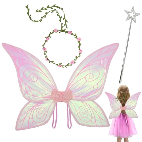 Feenflügel Erwachsene, 3er Feenflügel Set, Feen Flügel, Elfen Flügel Erwachsene, Fairy Wings Kostüm mit Blumenkranz und Feenstab für Karneval Geburtstag Weihnachten Party Verkleiden (Rosa) von Bocguy