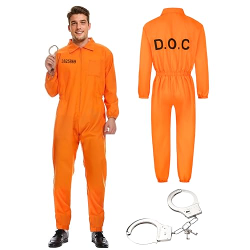 Bocguy Gefängnis Kostüm Orange, Häftling Kostüm Herren, Prisoners Costume, Sträfling Kostüm, Orangener Overall Herren mit Handschellen und Schlüsseln für Cosplay, Karneval, Mottoparty & Halloween(XL) von Bocguy