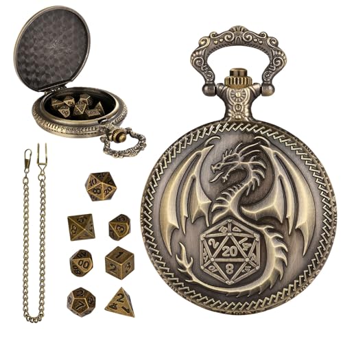 Mini DND Würfel Set, Taschenuhr Gehäuse mit Drachen Gravur, 7-teilige Polyedrische Metall D&D Würfelset, Geschenke für DND mit Geschenkbox, Rollenspiel-Brettspielzubehör (Bronze) von Bocguy