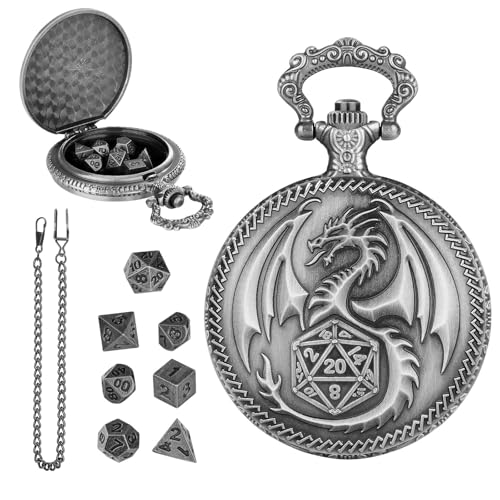 Mini DND Würfel Set mit Taschenuhr Gehäuse mit Drachen Gravur, 7-teilige Polyedrische Metall D&D Würfelset (Dunkel Silber) von Bocguy