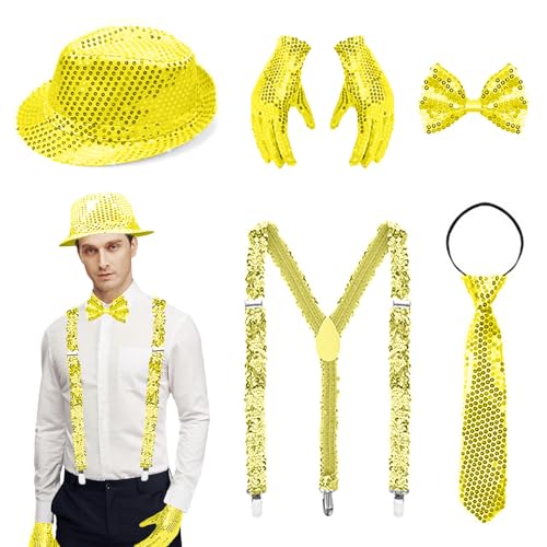 Outfit Herren,Glitzer Accessoires Herren,Pailletten Zylinder Hut Hosenträger,Pailletten Hosenträger Set,Glitzer Fliege und Hosenträger, 70er Jahre Glitzer für Fasching Party Jazz Dance Performence von Bocguy