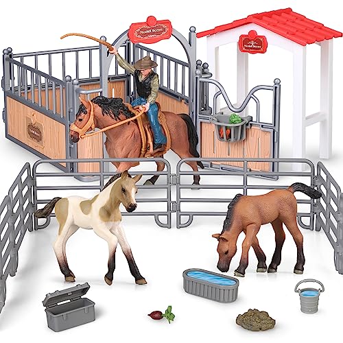 Kinder-Bauernhof-Tier-Scheunenhaus-Spielzeug, Pferdestall, Pferdeclub, Spielset mit Reiterpferden, Cowboy-Spielfiguren, Landwelt, Bauernhofhäuser, Pretend Play, Geburtstagsgeschenk für Jungen, Mädchen von Boderam