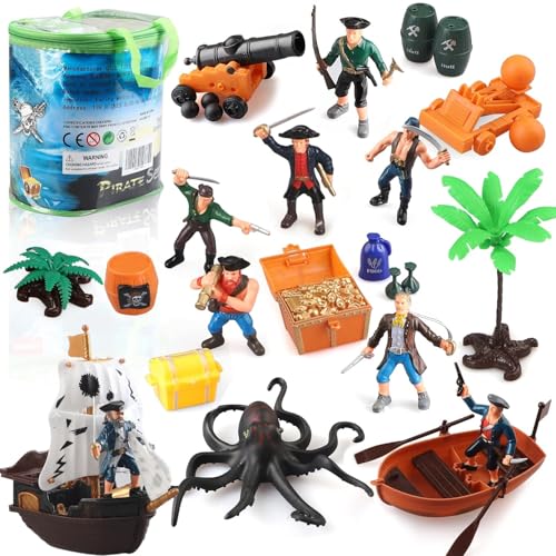 Kinder-Piraten-Actionfiguren, Spielset mit Eimer, Piratenspielzeug mit Boot, Schatztruhe, Kanonen, Oktopus-Schiff und anderem Zubehör, pädagogisches Piratenspiel, Geschenk für Jungen und Mädchen von Boderam