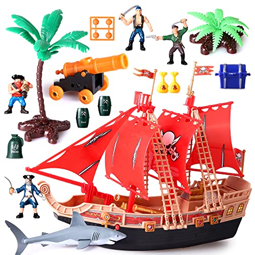 Kinder Piratenschiff Abenteuerspielzeug mit Plastikaktionsfiguren Piratenschiff Spielplatz mit Hai, Boot, Kanone, Bäume und anderes Zubehör Pädagogisches Geschenk für Jungen Mädchen 3+ von Boderam