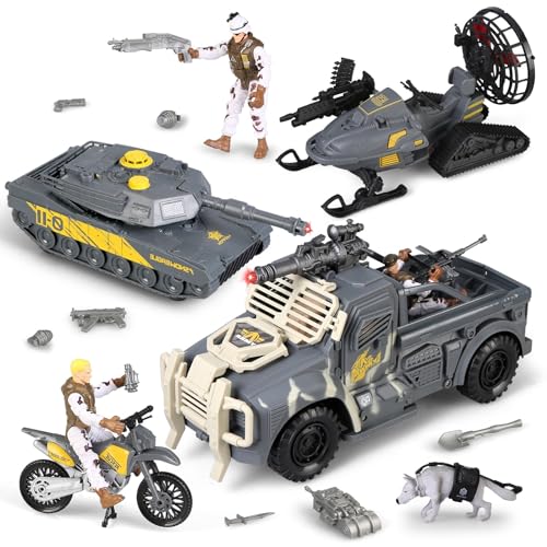 Militär gepanzerte Kampffahrzeuge Tank Spielzeug,Armee Männer Soldat Action Figuren und Waffen Ausrüstung Zubehör Militär Kampf LKW Motorrad Spielzeug Modelle Auto Spielzeug für Kinder Jungen Alter 3+ von Boderam