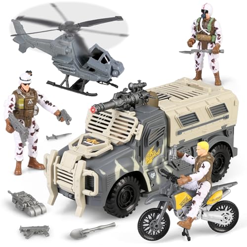 Militärfahrzeuge Hubschrauber Spielzeug, Armee Männer Soldat Action Figuren und Waffen Ausrüstung Zubehör Militär Kampf LKW Motorrad Spielzeug Modelle Auto Spielzeug für Kinder Jungen Jahre alt 3+ von Boderam