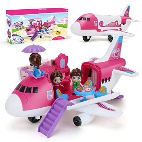 Rosa Flugzeug Modell Spielzeug Transport Fracht Spielset Kinder Lernspielzeug für Kinder Mädchen, großes Flugzeug mit Beauty Kommode Tisch, Prinzessin und Aufklebern von Boderam