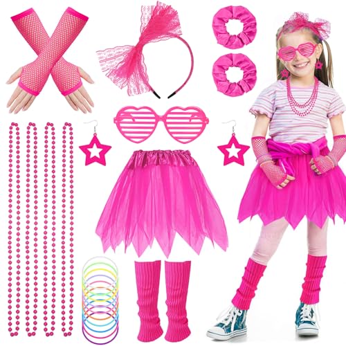 1980s Kostümzubehör Set für Mädchen, Kinder Fancy Kleid Neon Party Outfit mit Tutu Rock Fischnetz Handschuhe Beinwärmer Ohrringe Armbänder Halsketten Gläser für 80er 90er Jahre Party Karneval von Bodorma