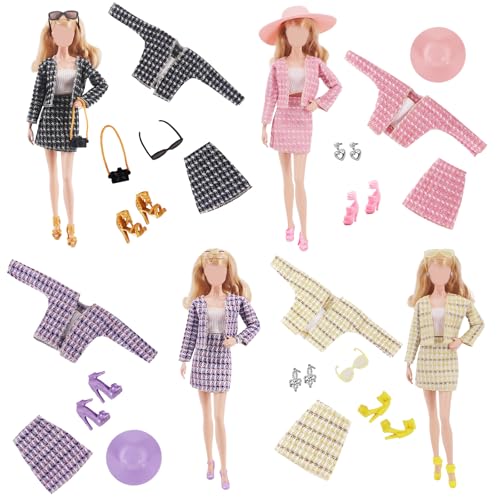 4 Set Puppen Kleidung und Zubehör Set, 11,5 Zoll Puppen Dress Up Outfits mit Plaid Chic Anzug Top Coat Kleid Mode Hut High Heels Brille Kamera Requisiten für Mädchen Weihnachten Geburtstagsgeschenke von Bodorma