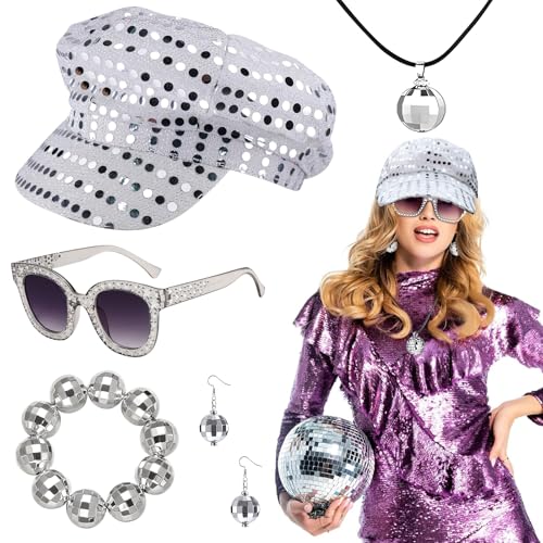 Bodorma 5 Pcs Disco Kostüm Set, 70er Jahre Retro Glitter Zubehör Kit mit Abba Hut, Sonnenbrille, Ohrringe, Halskette, Armband für Frauen Party Geburtstagstanz Abba Nacht von Bodorma