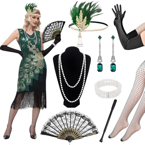 Bodorma 1920er Jahre Flapper Kleider für Frauen, Roaring 20er Jahre Große Gatsby Fransen Paillette Kleid Zubehör Set mit Spitze Fan Feder Stirnband Perle Halskette Armband für Kostüm Frauen Karneval von Bodorma