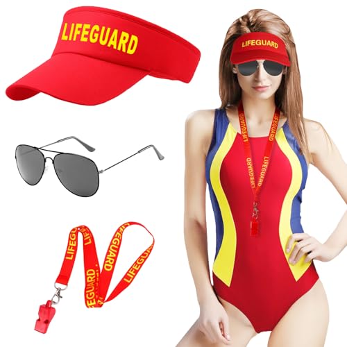 Bodorma 3 Stück Lifeguard Kostüm Zubehör, Rettungsschwimme Kostüms Set mit Sonnenbrille Rot Rettungsschwimmer Hut Pfeifen mit Lanyard Fasching Kostüm für Männer Frauen Party Halloween Karneval von Bodorma