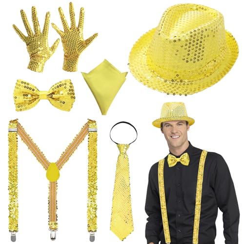 6er-Set Männeraccessoires für Jazzkostüme, Tanzhut mit Sequin, Kostümkit mit glitzernden Accessoires inklusive Disco-Hut, Klamottenbänder Fliege Krawatte Taschentuch für Partys aus den 80er Jahren von Bodorma