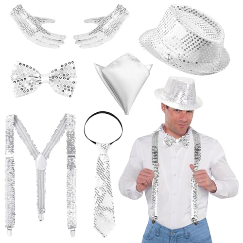 6er-Set Männeraccessoires für Jazzkostüme, Tanzhut mit Sequin, Kostümkit mit glitzernden Accessoires inklusive Disco-Hut, Klamottenbänder Fliege Krawatte Taschentuch für Partys aus den 80er Jahren von Bodorma