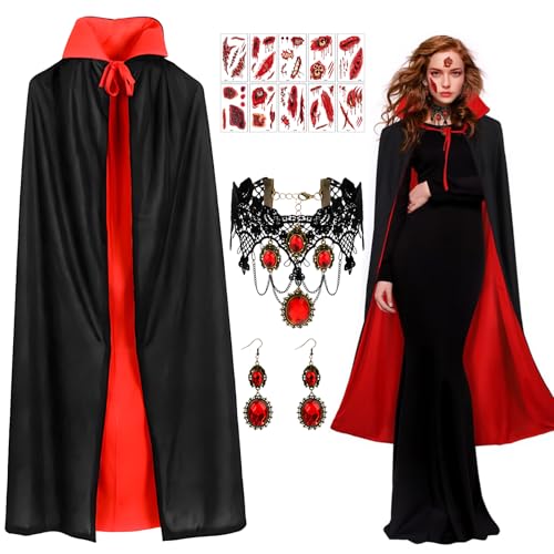 Bodorma Halloween Vampir Cape für Erwachsene, Reversible Schwarz Rot Stehkragen Cape Robe Vampir Kostüm und Zubehör Set mit Halskette Ohrringe Tattoo Narbe für Gothic Masquerade Thema Cosplay Party von Bodorma