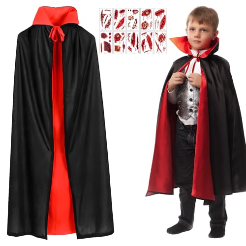 Bodorma Halloween Vampir Kostüme für Kinder, Reversible Schwarz Rot Capes Robe Unisex Cosplay Stand Kragen Mantel Vampir Kostüm Zubehör Set mit Narben Tattoos für Jungen Mädchen Themed Party von Bodorma