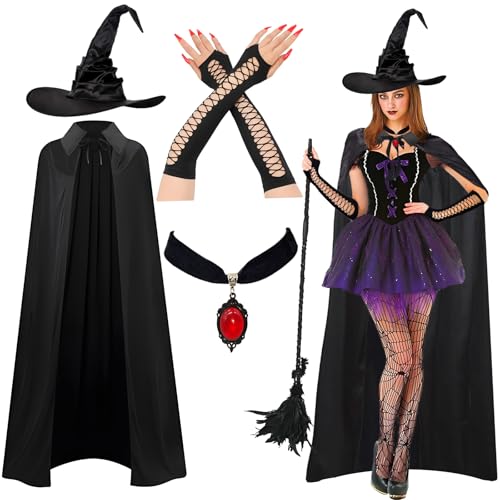 Bodorma 4PCS Hexe Kostüm für Frauen, Halloween Outfit Zubehör Set mit Hexenhut Unisex Cape Halskette Spitze Handschuhe Fancy Kleid für Halloween Xmas Karneval Maskerade Cosplay Party Zubehör von Bodorma