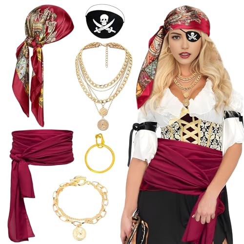 Bodorma Piratkostümzubehör, Mittelalterlicher Halstuch-Set, Renaissance-Kapitän Roleplay-Set mit Kopftuch, Burgunderfarbenem Schärpe, Goldkette, Armband, Augenklappe, Ohrring für Frauen und Männer von Bodorma