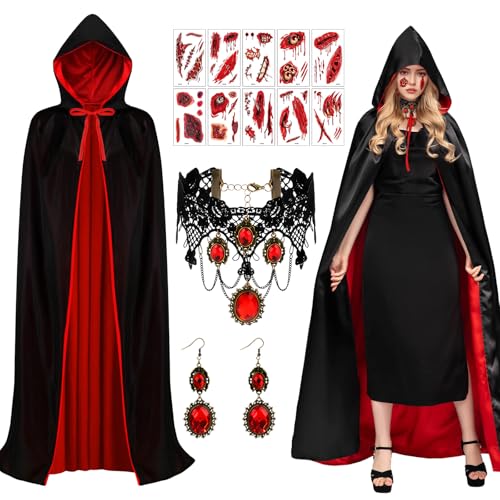 Halloween Vampir Kapuze Umhang Cape für Erwachsene, Reversible Black Red Cape Robe Gothic Vampir Kostüm Frauen Zubehör Set mit Spitze Halskette Vintage Ohrringe Aufkleber für Maskerade Thema Cosplay von Bodorma