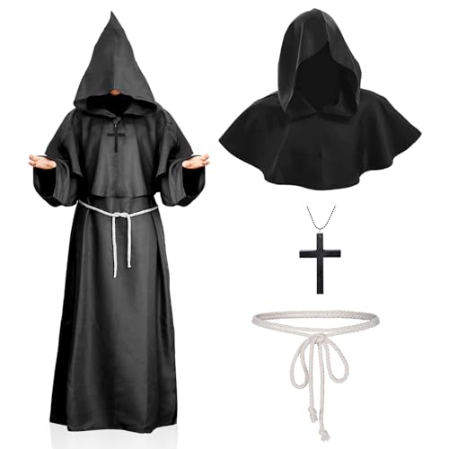 Mittelalterliche Mönch Kostüm, Renaissance Priester Zauberer Kostüm mit Bruder Robe, mittelalterliche Umhang, Wist Seil, Kreuz Halskette für Halloween Karneval Cosplay Party Zubehör von Bodorma