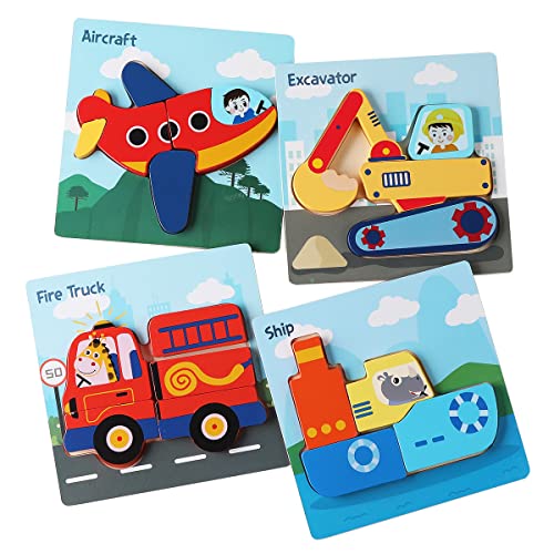 Holz-Puzzle für Kleinkinder, 4-teiliges Set mit Transportmitteln,frühkindliches Lernen, Baby-Kinder Lernspielzeug Geschenke für 1/2/3/4-jährige Jungen und Mädchen von Boenkush