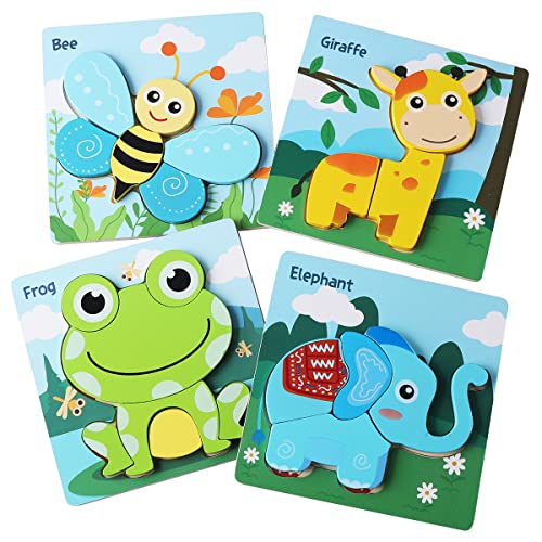 Holz-Puzzles für Kleinkinder, 4-teiliges Tier-Puzzle-Set, frühkindliches Lernen, Baby-Kinder Lernspielzeug Geschenke für 1/2/3/4-jährige Jungen und Mädchen von Boenkush