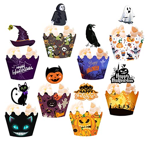 48 Stück Happy Halloween Cupcake Topper und Wrappers, Katze Fledermaus Spinne Hexe Kürbis Skull Geist Cupcake Kuchen Dekorationen, für Halloween Party Supplies, Kuchen Dekor Party Favors, Kuchen Zubehör von Boerni