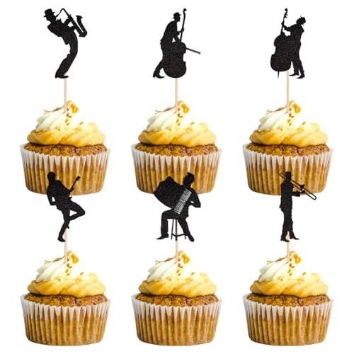 Cupcake-Topper mit Musik-Thema, Rockmusik, Cupcake-Topper, Cello, Akkordeon, Saxophon, Posaune, E-Gitarre, Cupcake-Topper für Musik, Geburtstag, Abschlussfeiern, 24 Stück von Boerni