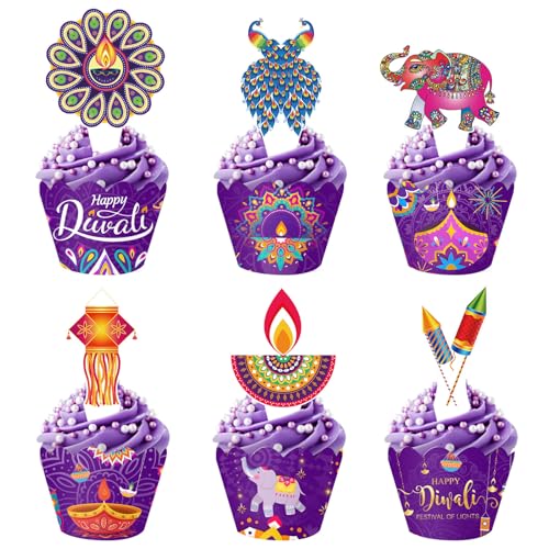 Cupcake-Topper und Wrapper-Set "Happy Diwali", violett, indische Deepavali-Cupcake-Dekoration, indisches Diwali-Festival, Party-Dekorationen für Hindu, Diwali, Indien, Festival der Lichter, von Boerni