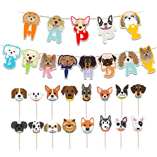 Hund Geburtstag Dekoration, 13 Stück niedlichen Cartoon Hund Geburtstag Banner mit 16 Stück Welpen Cupcake Topper für Pet Theme Geburtstagsfeier, Kindergeburtstagsfeier von Boerni