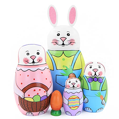 Set mit 5 Hase Holz Nistpuppe Handgemachte Cartoon Karotte Matroschka Puppen für Kinder Geburtstag Weihnachten Ostern Geschenk Heimdekoration von Boerni