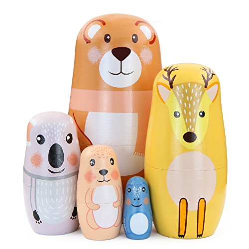 Set mit 5 niedlichen Cartoon-Tier-Nesting-Puppen Bär, Elch, Koala-Muster, stapelbar, stapelbar, Puppen, Matrjoschka-Puppe für Kindergeburtstag, Weihnachten, Ostergeschenk, Heimdekoration von Boerni