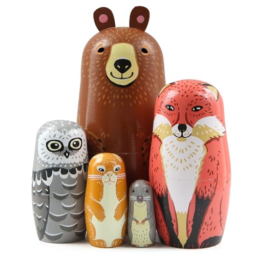Set von 5 niedlichen Tier Thema Holz Nesting Puppe, Bär Fuchs Eule Kaninchen Maus Schöne traditionelle russische Matryoshka Stapel Puppe für Kid Weihnachten Geburtstag Geschenk Party Home Dekoration Set von 5 niedlichen Tier Thema Holz Nesting Puppe, Bär Fuchs Eule Kaninchen Maus Schöne traditionelle russische Matryoshka Stapel Puppe für Kid Weihnachten Geburtstag Geschenk Party Home Dekoration von Boerni