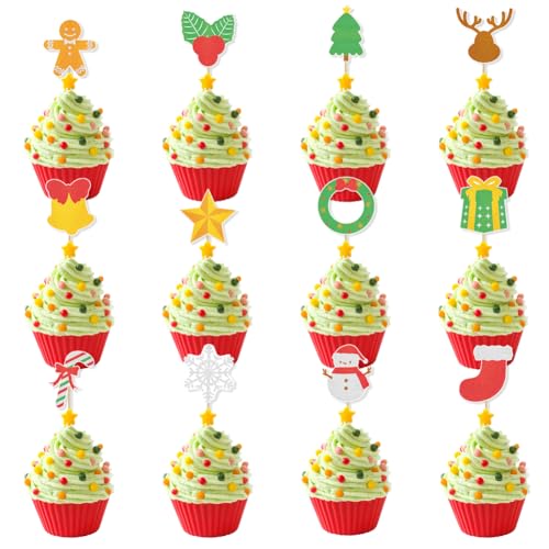 Weihnachts-Cupcake-Topper, Weihnachtsbaum-Stern, Schneemann, Strümpfe, Rentier, Lebkuchenmann, Stechpalme, Cupcake-Topper für Weihnachtsfeier (24 Stück) von Boerni