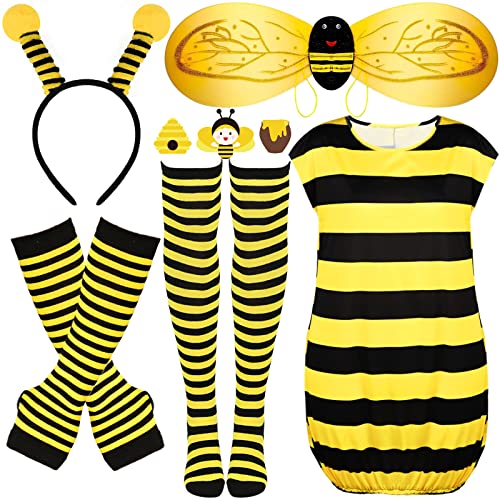 7 Stück Biene Kostüm Zubehör Set, Biene Antenne Stirnband, Gestreifte Armstulpen Knie Oberschenkel hohe Socken Biene Tutu Rock für Mädchen Jungen Halloween Cosplay Party Gastgeschenke von Bofeiya